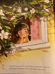 an illustration of a young Asian child staring out a window