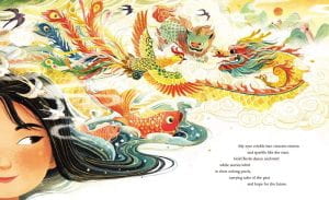an image of a young Asian person with dragons and koi coming out from their hair.